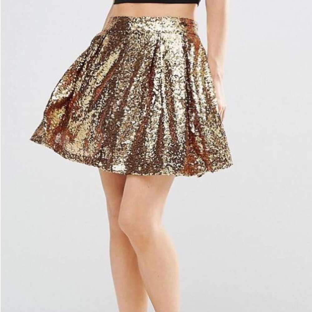Bethany Mota Women's Sparkle Gold Sequin A Line Lined Mini Party Skirt Size L